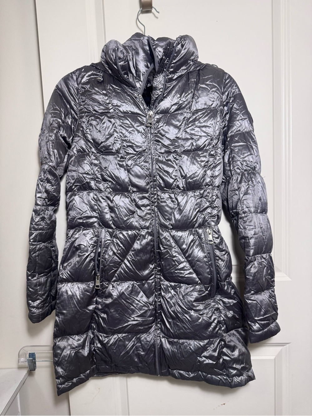 Andrew Marc Stretch Women’s Gray Hooded Packable Down Puffer Coat Mid-Length S